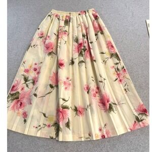 Ann Travis Pleated Midi Skirt Womens Sz 8 Cream Pink Floral Cottagecore Romantic